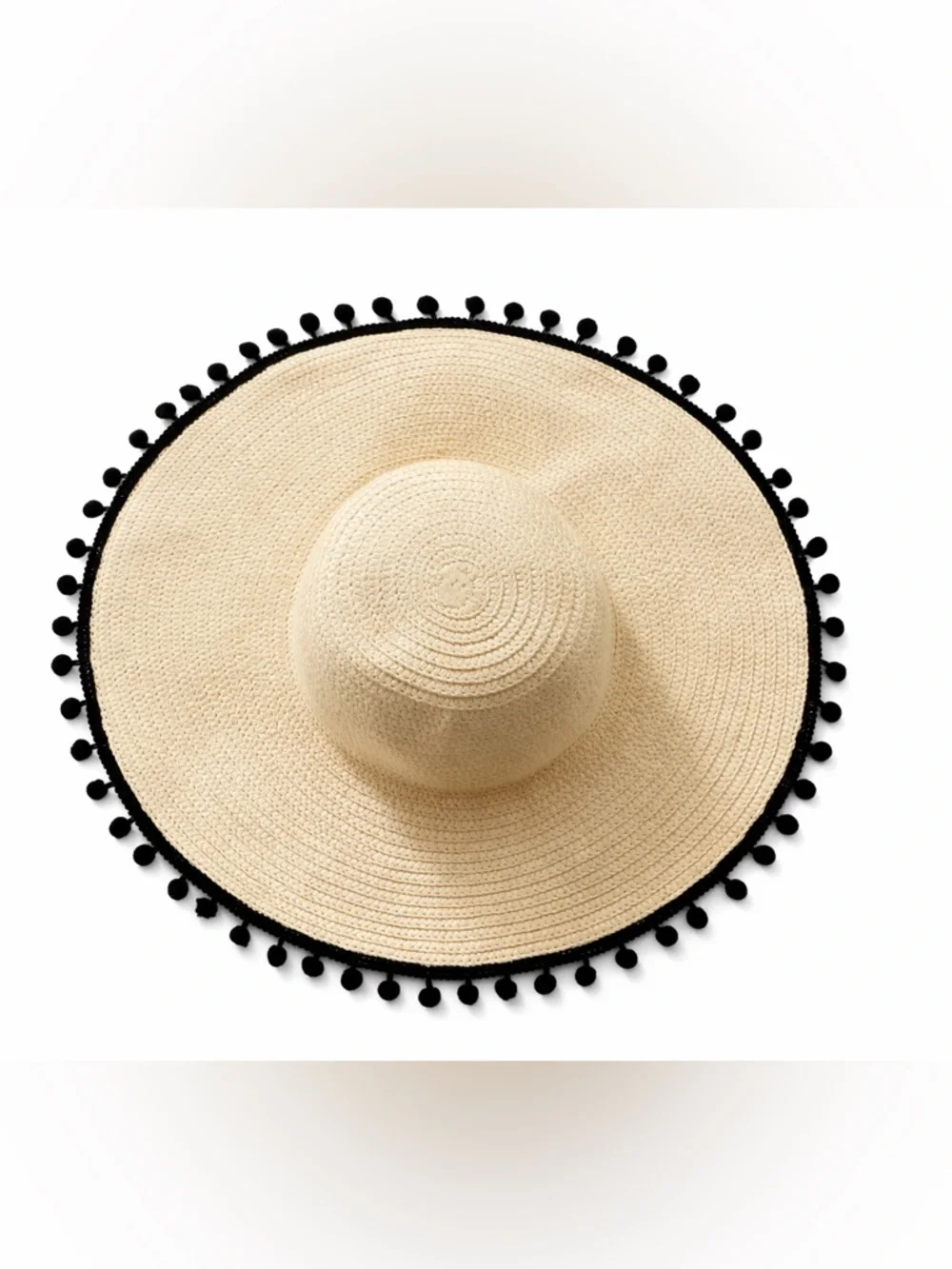 J. Crew Beige Straw Sun Hat with Black Pom Trim